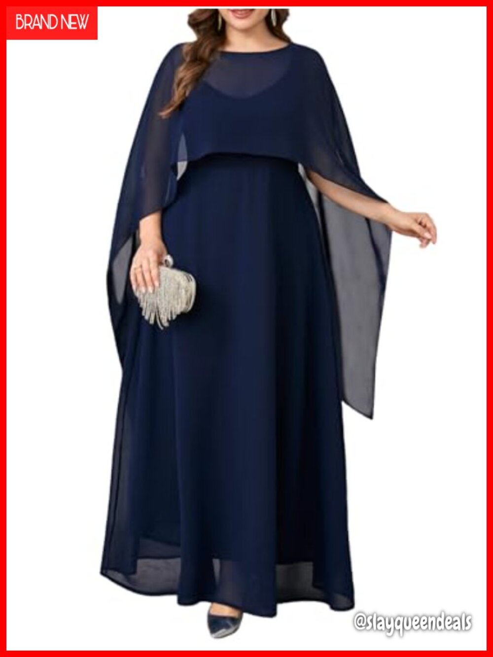 Plus Size Chiffon Formal Maxi Dress Cape Sleeve A-Line Evening Gown